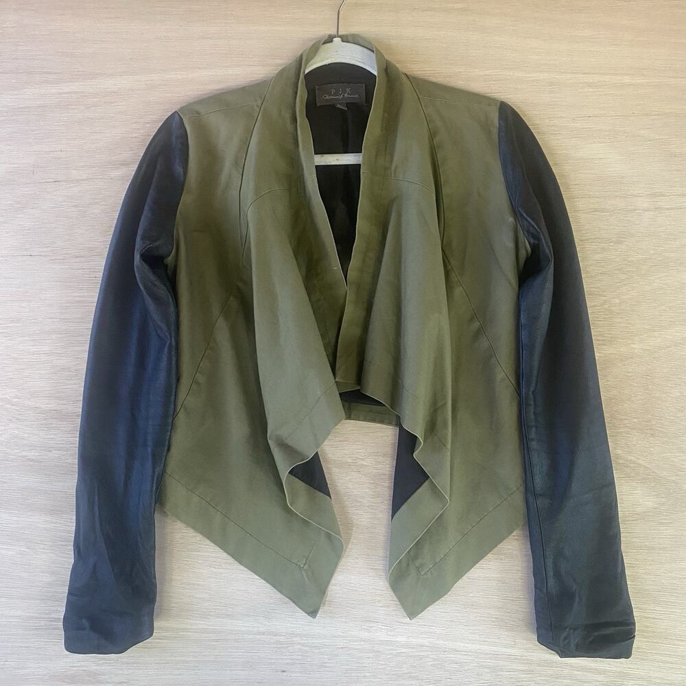 PJK Patterson J Kincaid Open Drape Front Jacket in Olive w/Black Leather Sleeves